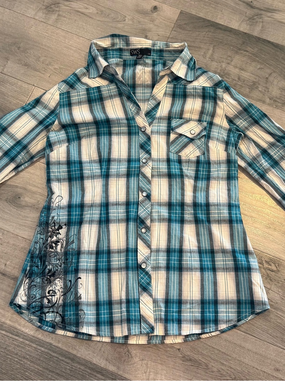 SWS Blue Plaid Snap Button-Down Shirt with Graphic Wings on Back